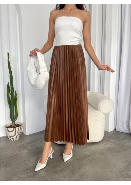 Butik Pilisoley Seten Parlak Kumaş Bel Lastikli Standart Beden Uzun Etek