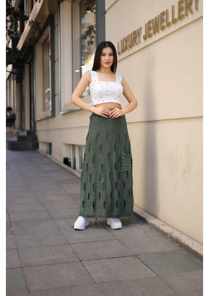 Fibula Butik Etnik Bohem ve Otantik Tarz Yıkamalı Tasarım Astarlı Yan Büzmeli Cepli Pamuk Standart Beden Etek