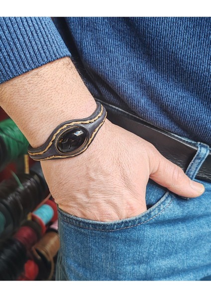 El Işçiliği Ile Özel Üretilmiş Doğal Taşlı Deri Kaplamalı Bakır Bileklik