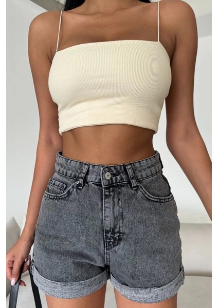 Butik Yüksek Bel Duple Paça Likralı Pamuk Kot Sort