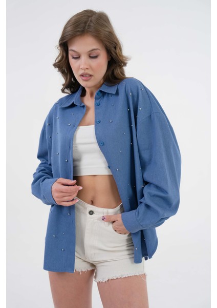 Kadın Indigo Inci Taş Detaylı Kot Gömlek 29069