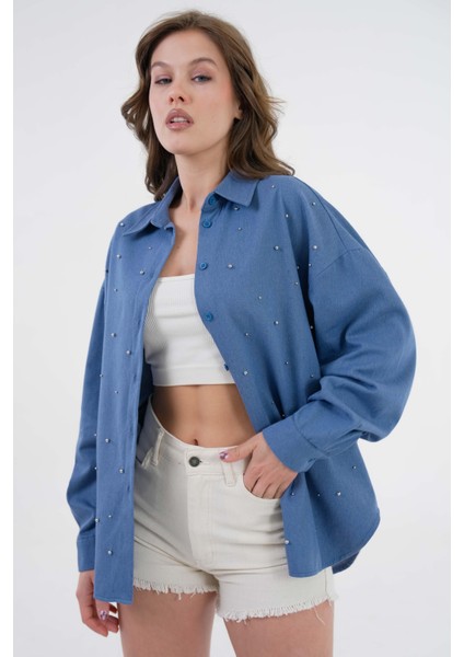 Kadın Indigo Inci Taş Detaylı Kot Gömlek 29069 fiyatları