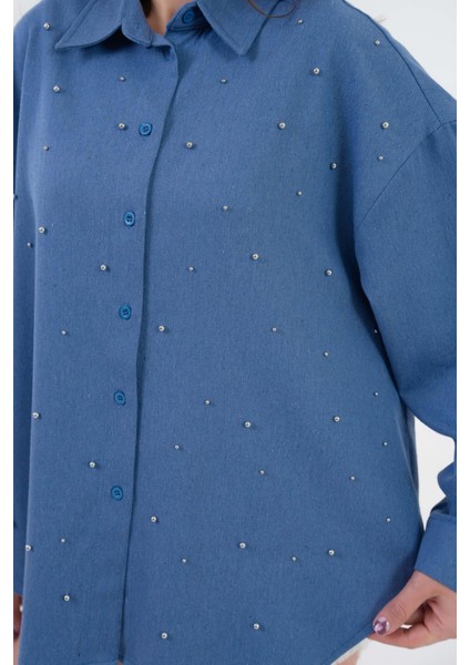 Kadın Indigo Inci Taş Detaylı Kot Gömlek 29069 modelleri