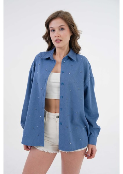 Kadın Indigo Inci Taş Detaylı Kot Gömlek 29069 fırsatları