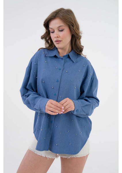 Kadın Indigo Inci Taş Detaylı Kot Gömlek 29069 indirimleri