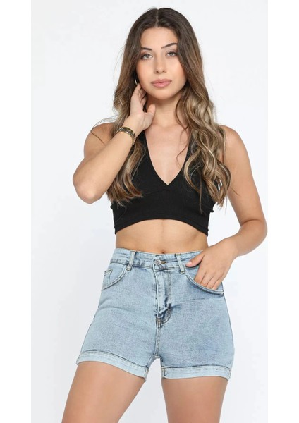 Butik Yüksek Bel Duple Paça Likralı Pamuk Kot Sort