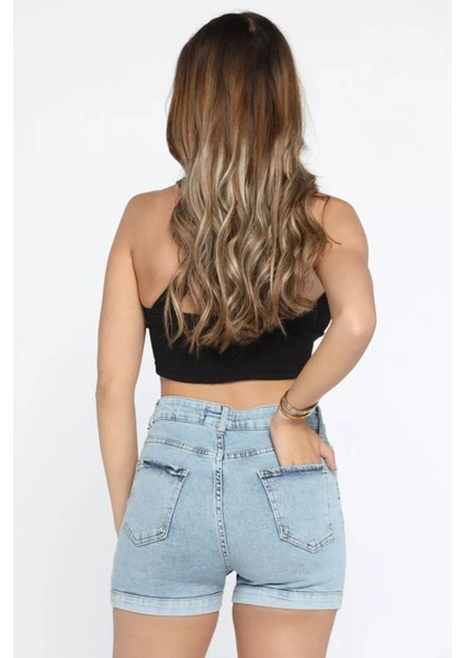 Butik Yüksek Bel Duple Paça Likralı Pamuk Kot Sort fırsatları