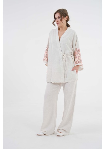 Kadın Natur Kolları Payet Pul Nakışlı Keten Kimono Ceket ve Pantolon Alt/üst Takım 29061