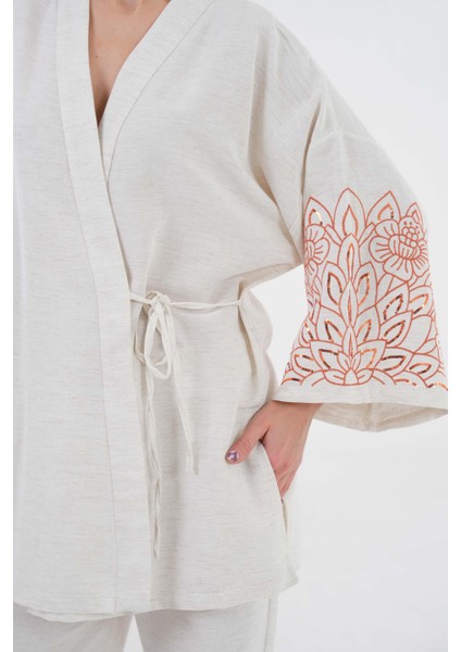 Kadın Natur Kolları Payet Pul Nakışlı Keten Kimono Ceket ve Pantolon Alt/üst Takım 29061 fiyatları