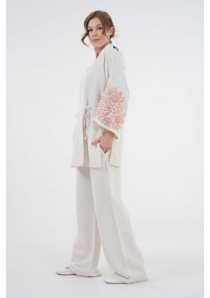 Kadın Natur Kolları Payet Pul Nakışlı Keten Kimono Ceket ve Pantolon Alt/üst Takım 29061 modelleri
