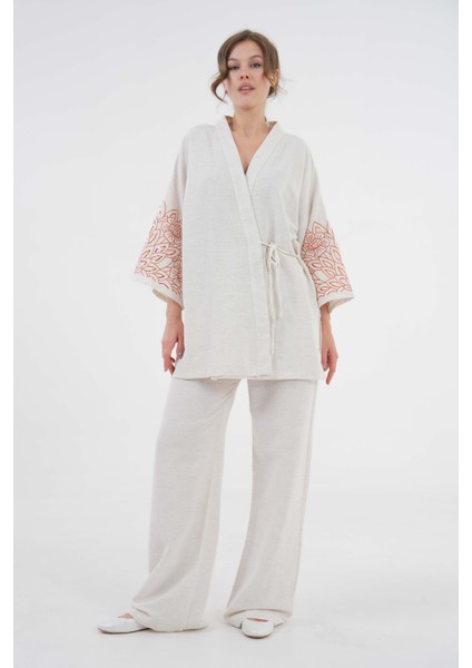 Kadın Natur Kolları Payet Pul Nakışlı Keten Kimono Ceket ve Pantolon Alt/üst Takım 29061 fırsatları