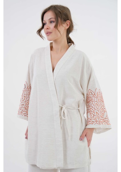 Kadın Natur Kolları Payet Pul Nakışlı Keten Kimono Ceket ve Pantolon Alt/üst Takım 29061 indirimleri