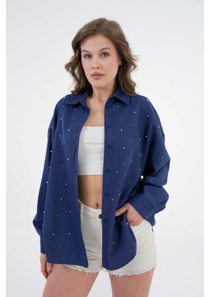 Kadın Lacivert Inci Taş Detaylı Kot Gömlek 29069