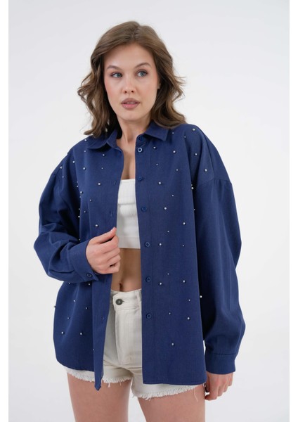 Kadın Lacivert Inci Taş Detaylı Kot Gömlek 29069 fiyatları