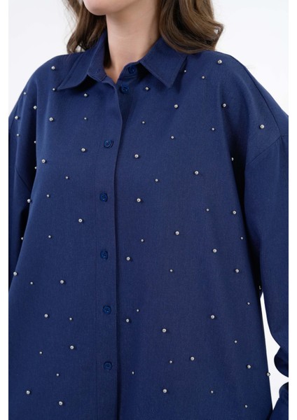 Kadın Lacivert Inci Taş Detaylı Kot Gömlek 29069 modelleri