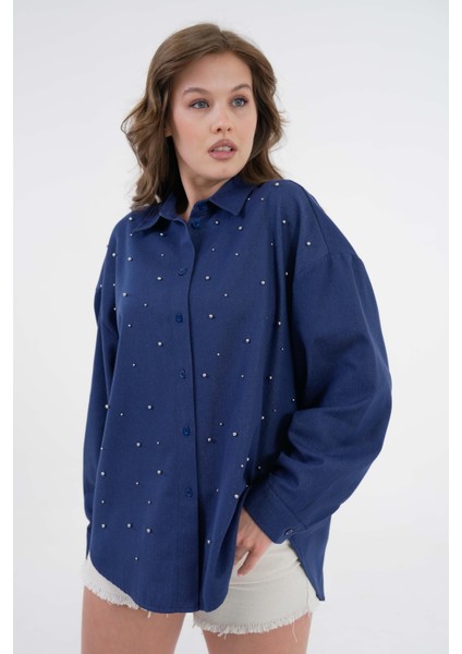 Kadın Lacivert Inci Taş Detaylı Kot Gömlek 29069 fırsatları
