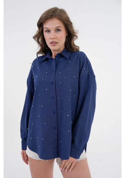 Kadın Lacivert Inci Taş Detaylı Kot Gömlek 29069 indirimleri