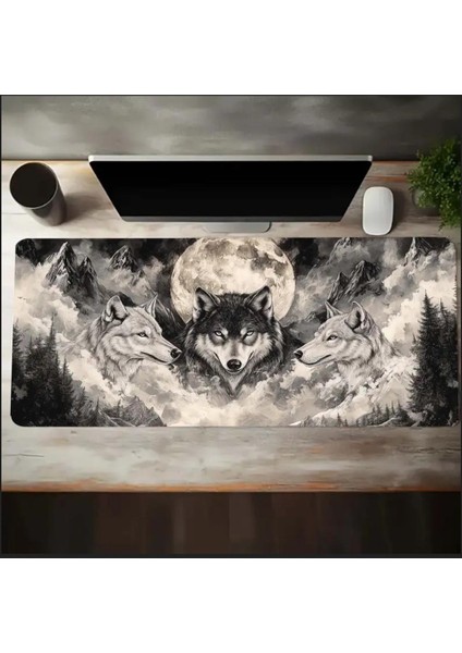 70X30 cm Ay ve Kurt Temalı Kaydırmaz Taban Speed Yüzey Oyuncu Mouse Pad Gaming