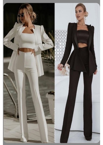 3'lü Şık Takım (Ceket ,pantolon, Crop)