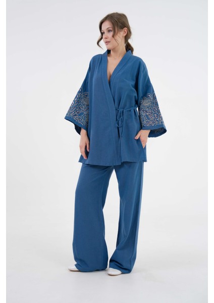 Kadın Indigo Kolları Payet Pul Nakışlı Keten Kimono Ceket ve Pantolon Alt/üst Takım 21061