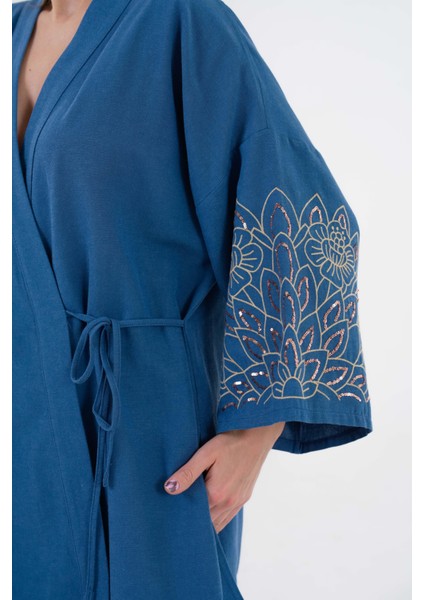 Kadın Indigo Kolları Payet Pul Nakışlı Keten Kimono Ceket ve Pantolon Alt/üst Takım 21061 fiyatları