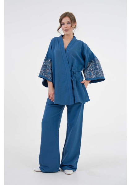 Kadın Indigo Kolları Payet Pul Nakışlı Keten Kimono Ceket ve Pantolon Alt/üst Takım 21061 modelleri