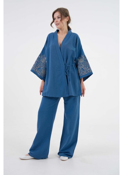 Kadın Indigo Kolları Payet Pul Nakışlı Keten Kimono Ceket ve Pantolon Alt/üst Takım 21061 fırsatları