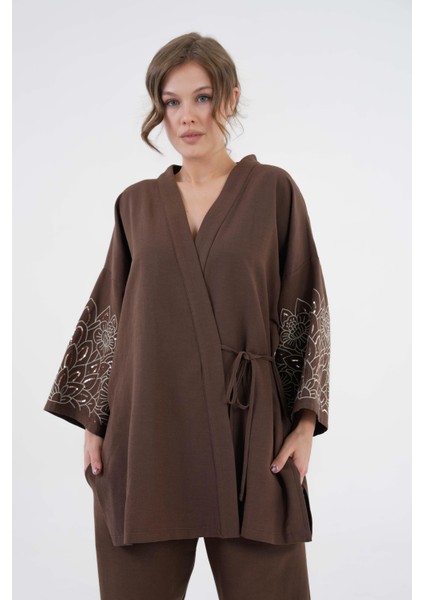 Kadın Kahve Kolları Payet Pul Nakışlı Keten Kimono Ceket ve Pantolon Alt/üst Takım 21061