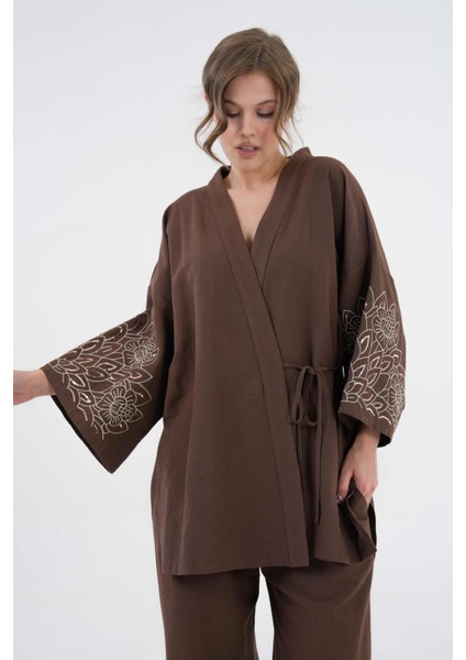 Kadın Kahve Kolları Payet Pul Nakışlı Keten Kimono Ceket ve Pantolon Alt/üst Takım 21061 fiyatları