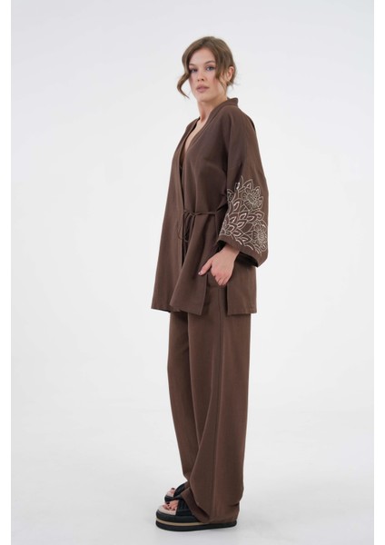 Kadın Kahve Kolları Payet Pul Nakışlı Keten Kimono Ceket ve Pantolon Alt/üst Takım 21061 modelleri