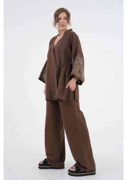 Kadın Kahve Kolları Payet Pul Nakışlı Keten Kimono Ceket ve Pantolon Alt/üst Takım 21061 fırsatları