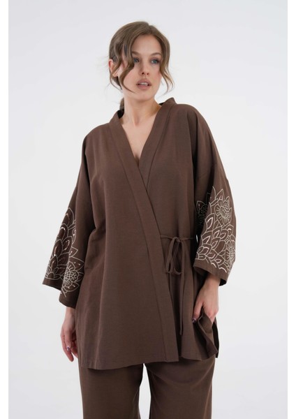 Kadın Kahve Kolları Payet Pul Nakışlı Keten Kimono Ceket ve Pantolon Alt/üst Takım 21061 indirimleri