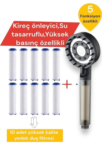 10 Adet Yedek Filtreli Siyah Renk Masaj Özellikli Duş Başlığı (Su Tasarruflu ve Kireç Önleyici Özellikli)
