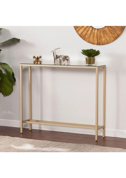 DEVİN DEKOR Modern Gold Renk Metal Iskeletli Temper Camlı Raflı Dresuar Konsol