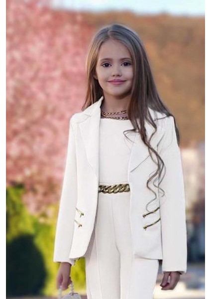 Kız Çocuk Blazer Ceket ve Zincir Detaylı Beyaz Tulum