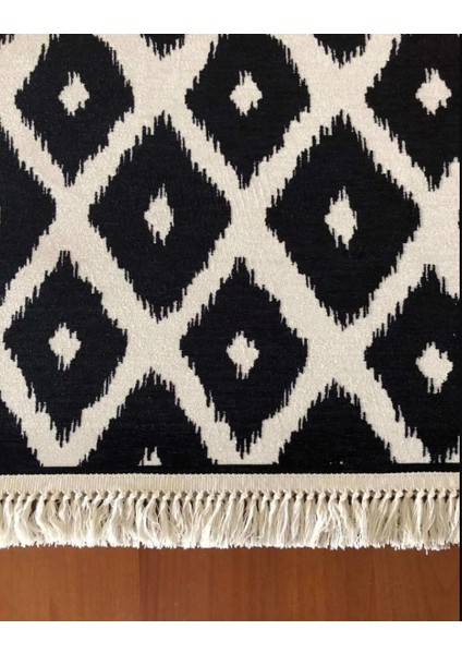 Vintage Halı 80 x 150 cm | Stil Geometrik Modern Siyah Beyaz Saçaklı Yıkanabilir Katlanabilir 1 Adet