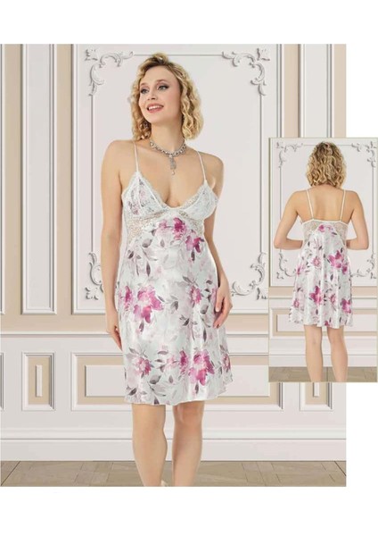 Bayan Çiçekli Gecelik 2957 - Ekru - S