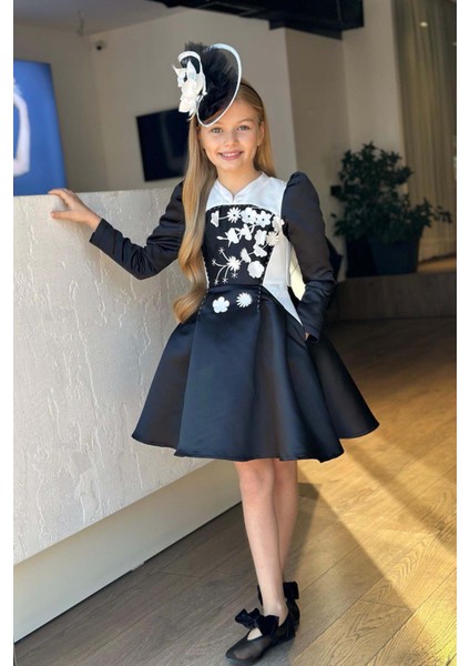 Kız Çocuk Sırtı Fermuar Detaylı Beyaz Renk Göğsü Papatya Detaylı Karpuz Kol Cepli Siyah Elbise