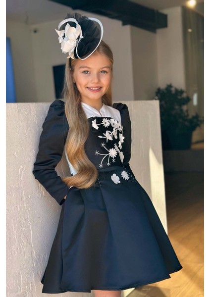 Kız Çocuk Sırtı Fermuar Detaylı Beyaz Renk Göğsü Papatya Detaylı Karpuz Kol Cepli Siyah Elbise fiyatları