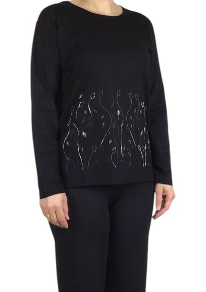 Kadın Etek Işlemeli Taşlı Likralı Bluz