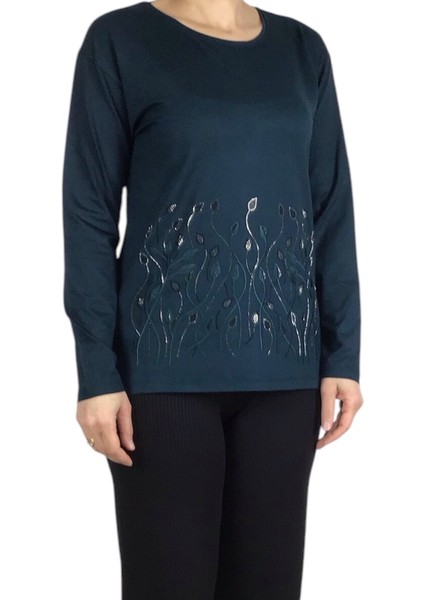 Kadın Etek Işlemeli Taşlı Likralı Bluz