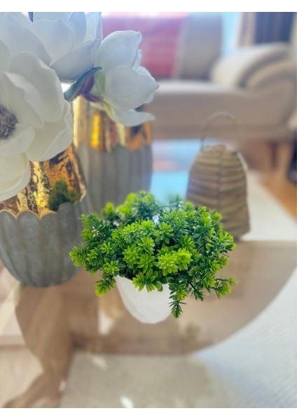 Yapay Çiçek Beyaz Saksıda Lotus Dekoratif Masa Çiçeği 15 cm