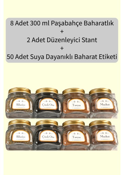 8 Adet 300ML Paşabahçe Baharatlık Kavanoz ve 2 Adet Düzenleyici Pleksi Stant