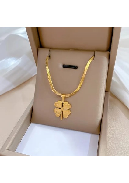 Dört Yapraklı Yonca Kolye, 18K Altın Kaplama, Paslanmaz Çelik, Şık Vintage Esintili