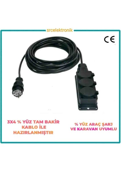 3 Lü Monofaze Araç Şarjı İçin (1 Ile 10 Metre Arası) 3x4 Ttr Hes Kablo Tam Bakir Uzatma Seyyar Kablo Tüm Araçlara Birebir Uyumludur