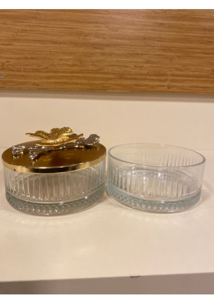 Çerezlik Kesme Cam 2'li Katlı Pirinç Altın Kapak Kelebekli Model