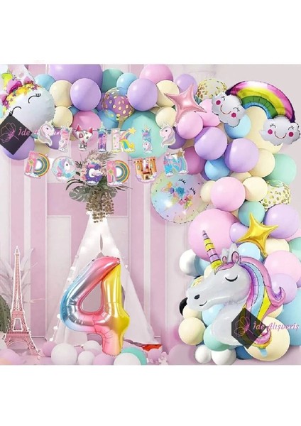 Bk cm 4 Yaş Karakterli Unicorn Temalı Iyi Ki Doğdun Makaron Balon Doğum Günü Parti Kutlama Seti