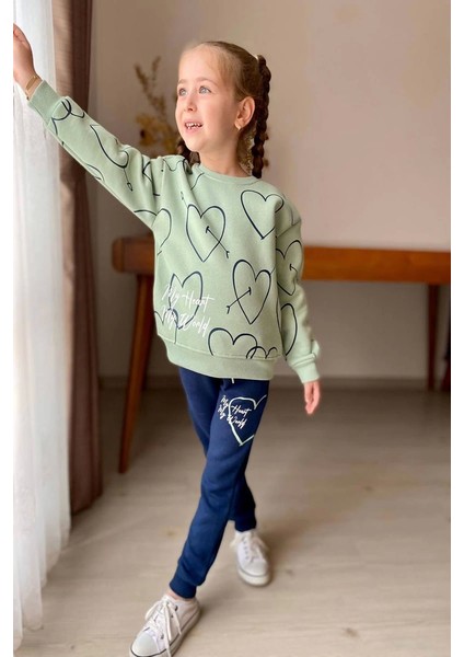 Yeni Sezon Kalp Desenli Yeşil Renk Kız Çocuk Takım