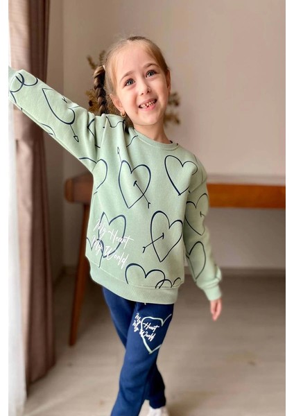 Yeni Sezon Kalp Desenli Yeşil Renk Kız Çocuk Takım