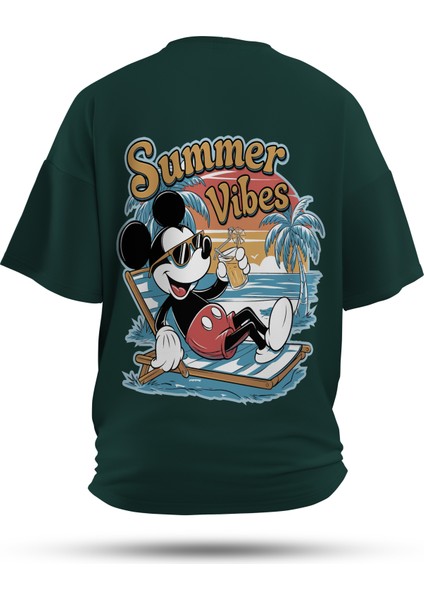 T-Shirt,Summer Vibes Sırt Baskılı,Regular, Pamuk,Yeşil T-Shirt No:00703
